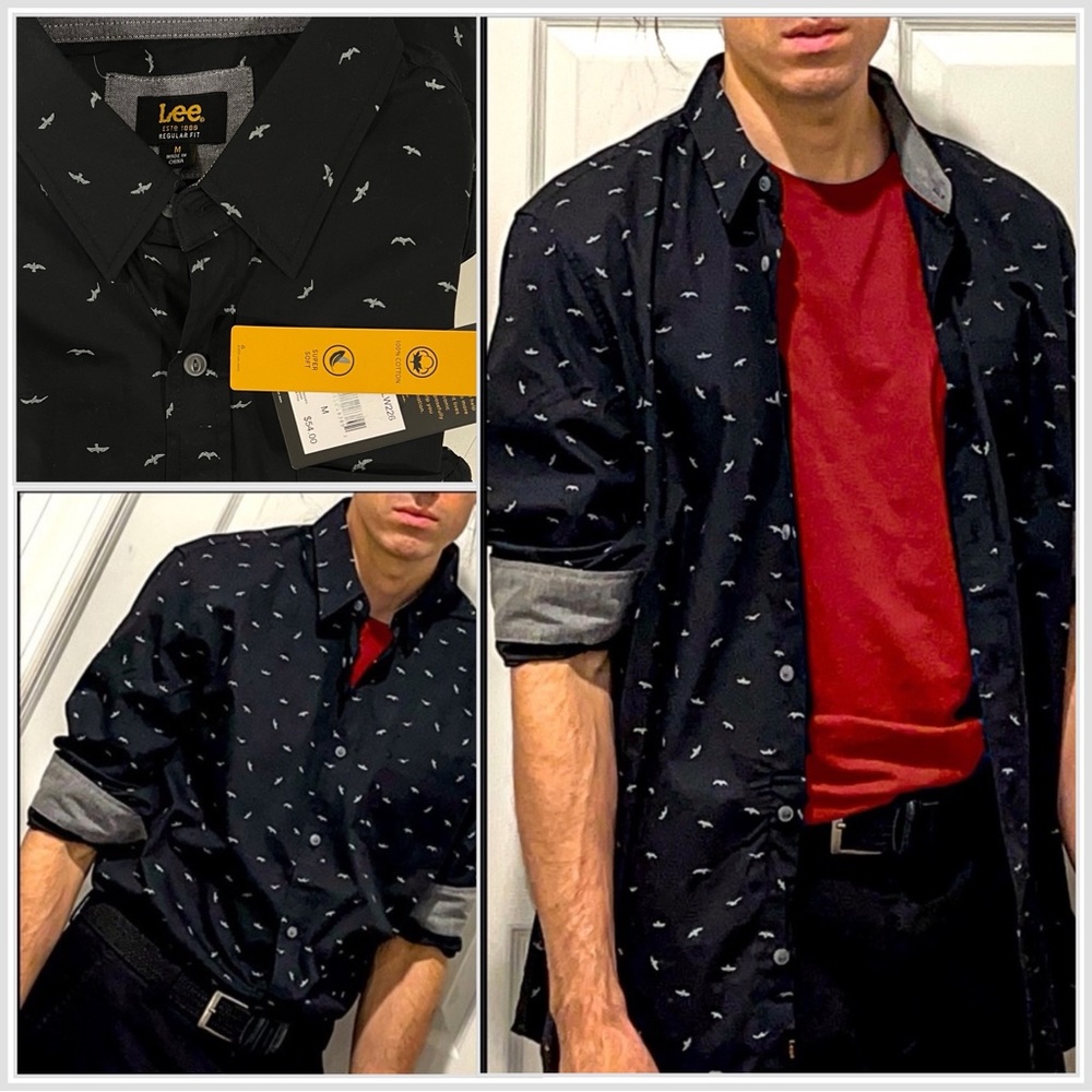 Crow birds mens collars casual dress shirt size large NEW